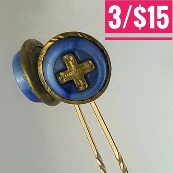 Vintage Jewelry - Vintage Cross Blue Brass Resin Stick Pin